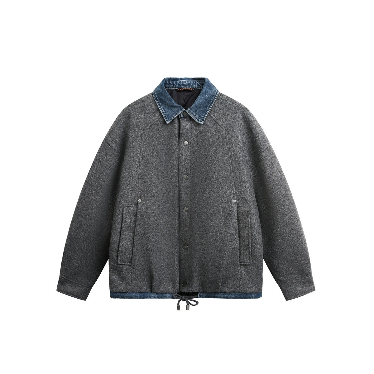 Gray snap-front jacket with blue denim collar and hem trim, side pockets and drawstring hem, flat view