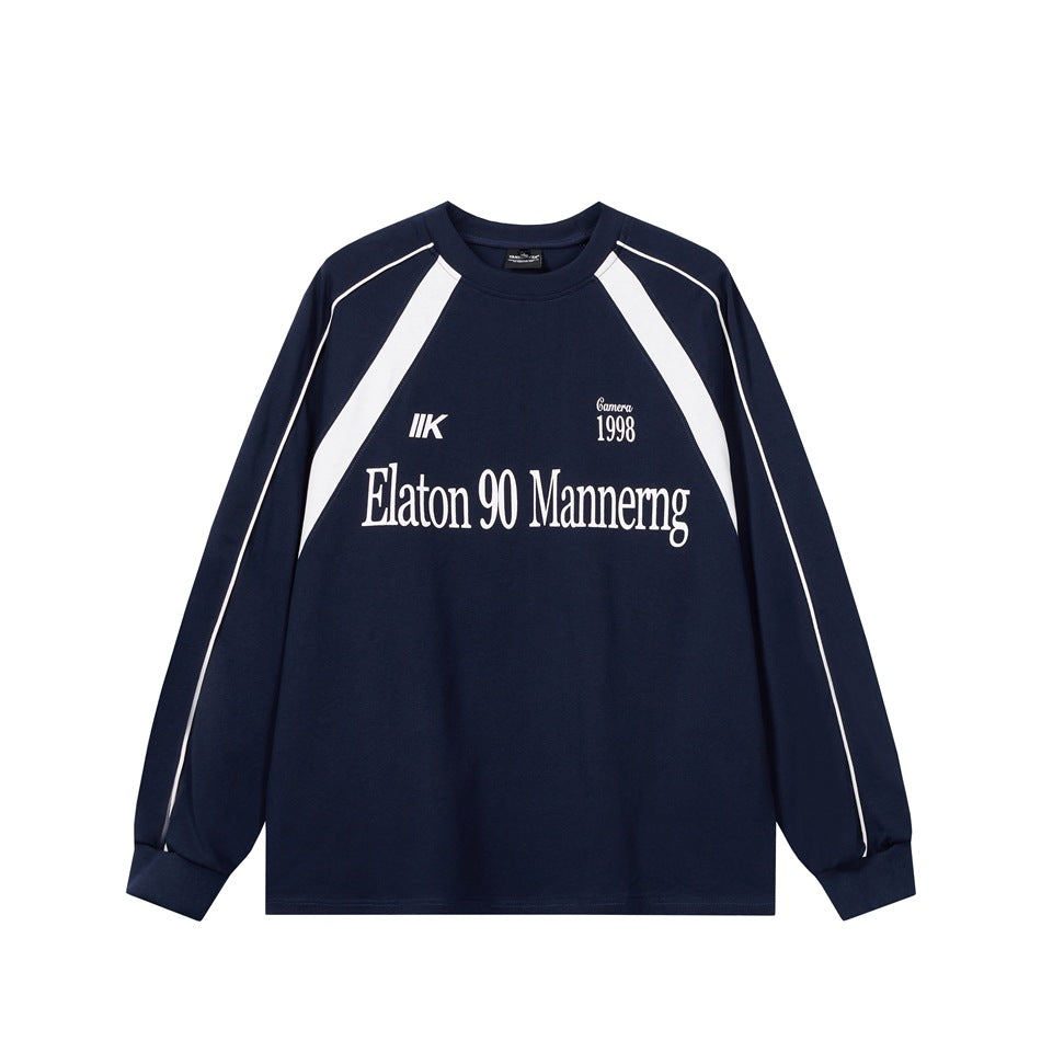 Navy long-sleeve raglan sweatshirt front with white piping, diagonal panels and 'Elaton 90 Mannerng' print