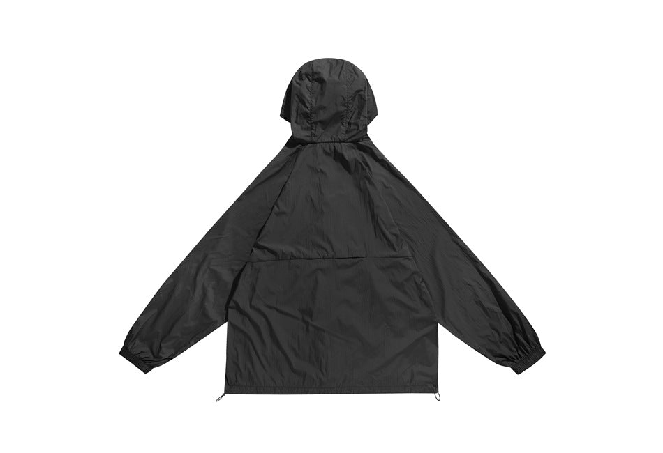 Black hooded jacket shown from the back, with elastic cuffs and adjustable hem.