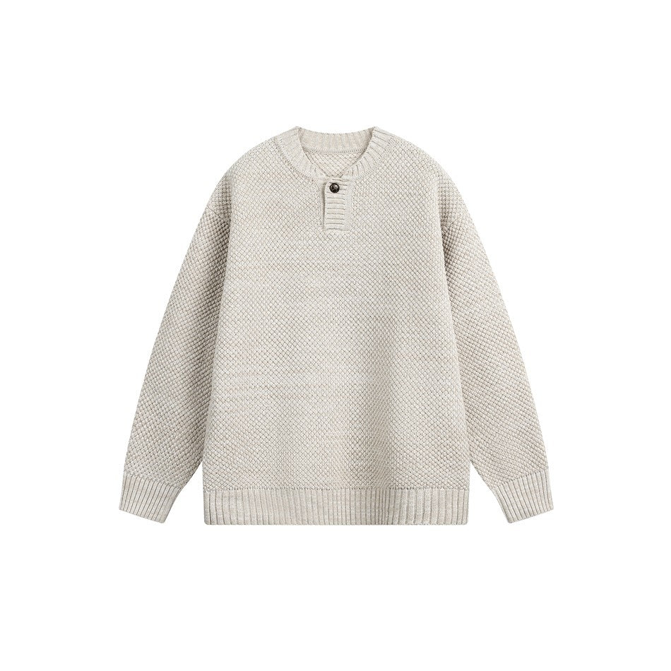Beige textured knit sweater with button placket neckline and ribbed cuffs and hem, front flat view