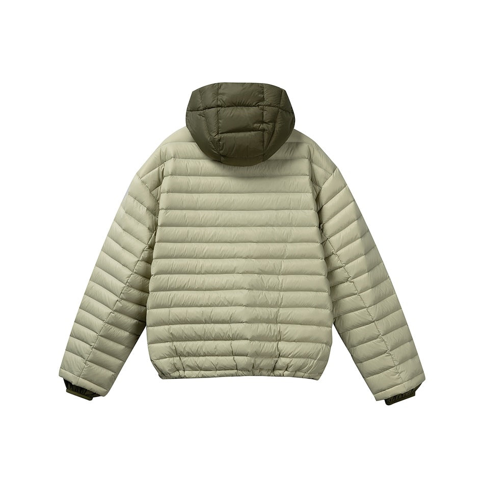 Back view of a pale sage quilted hooded jacket with a dark olive hood.