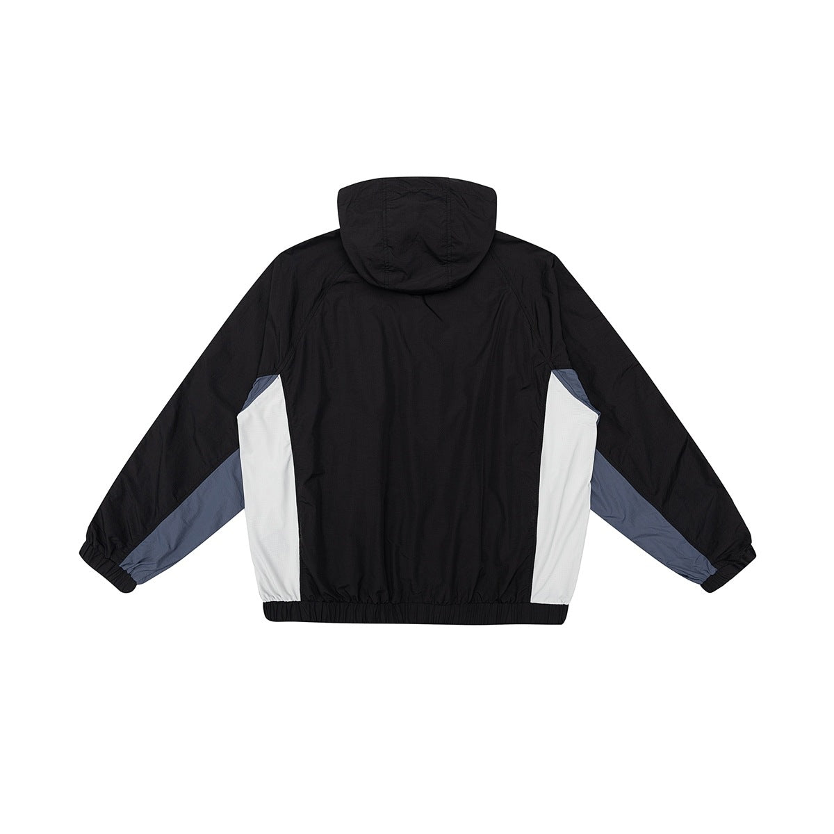 Back view of a black hooded jacket with white side panels and slate-blue accents on the sleeves.