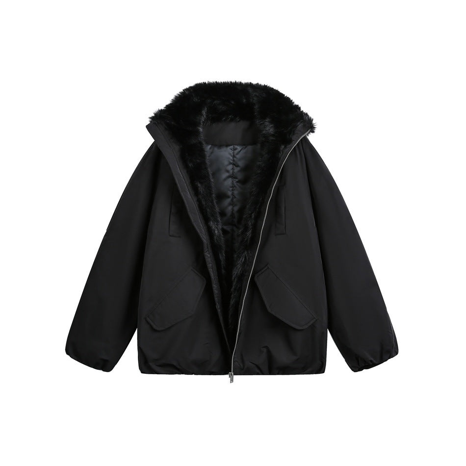 Front view of a black zip-front jacket with a large black faux-fur collar and two flap pockets.