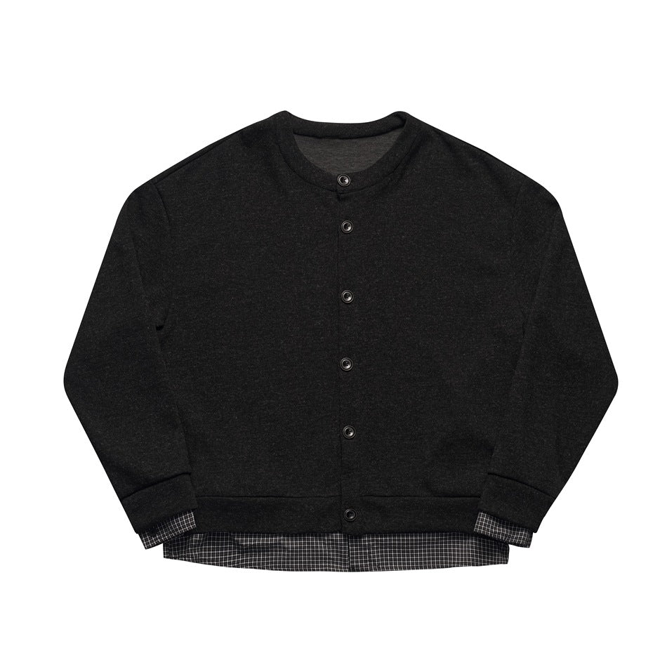 Black button-front knit cardigan jacket flat lay with ribbed cuffs and small checked fabric at hem and cuffs