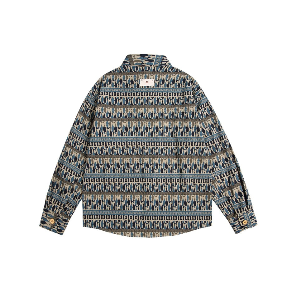 Back view of a blue geometric-patterned long-sleeve button-up shirt laid flat.