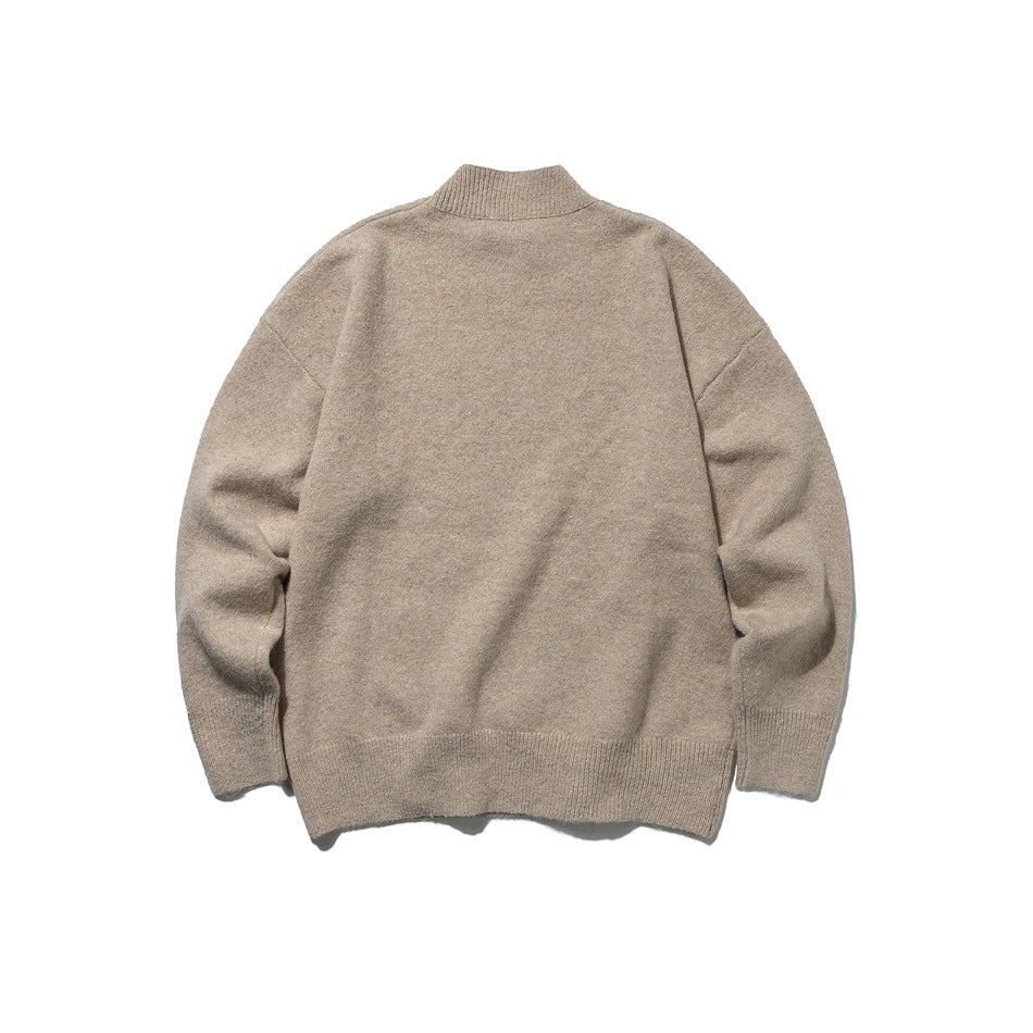 Khaki mock-neck knit sweater flat lay, back view, with ribbed collar, cuffs and hem
