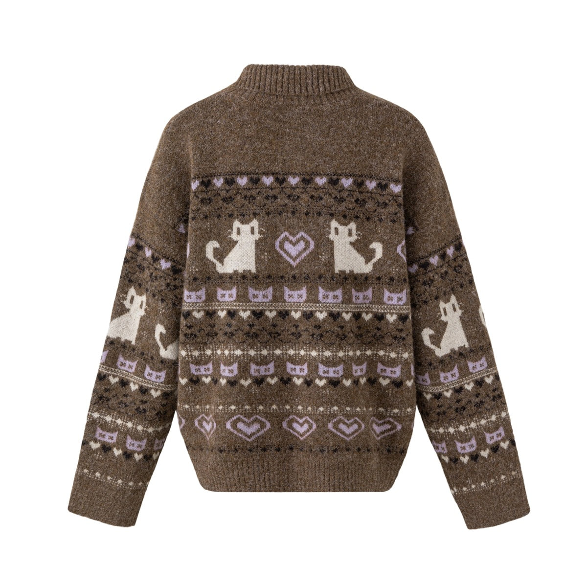 Back view of a brown cardigan with cream cat figures, lilac hearts, and patterned bands.
