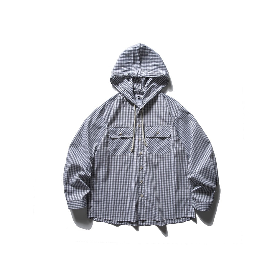 White and gray small-check plaid hooded shirt, front flat lay with drawstring hood and flap chest pockets