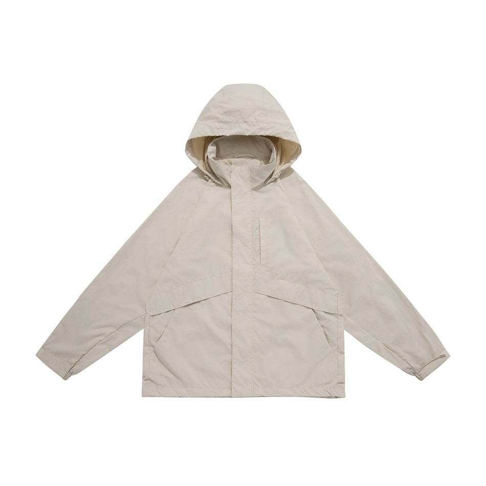 Off-white hooded zip jacket flat lay with chest pocket and angled lower pocket panels