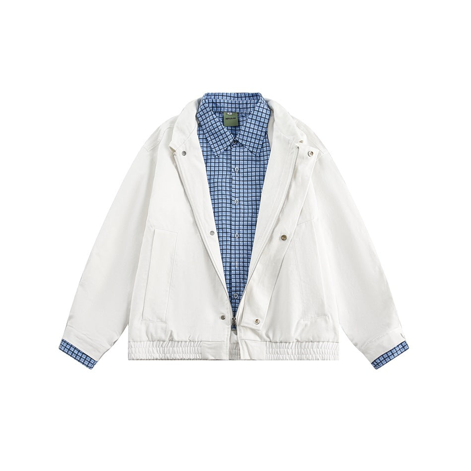 White collared jacket displayed open over a blue checked button-up shirt, with front pockets, a zip closure and elastic hem.