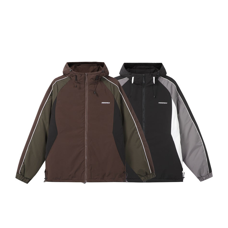 Front view of two hooded jackets: brown with olive sleeves, and black with gray and white panels.