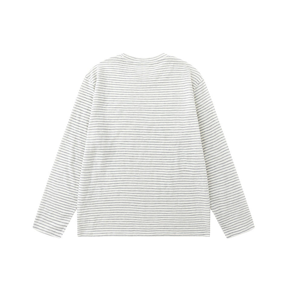 Back view of a gray and white striped long-sleeve crew-neck T-shirt with a plain back
