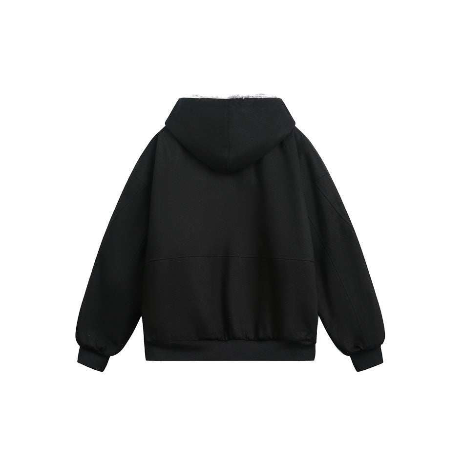 Back view of a black hooded jacket with long sleeves, a straight hem and a horizontal back seam.