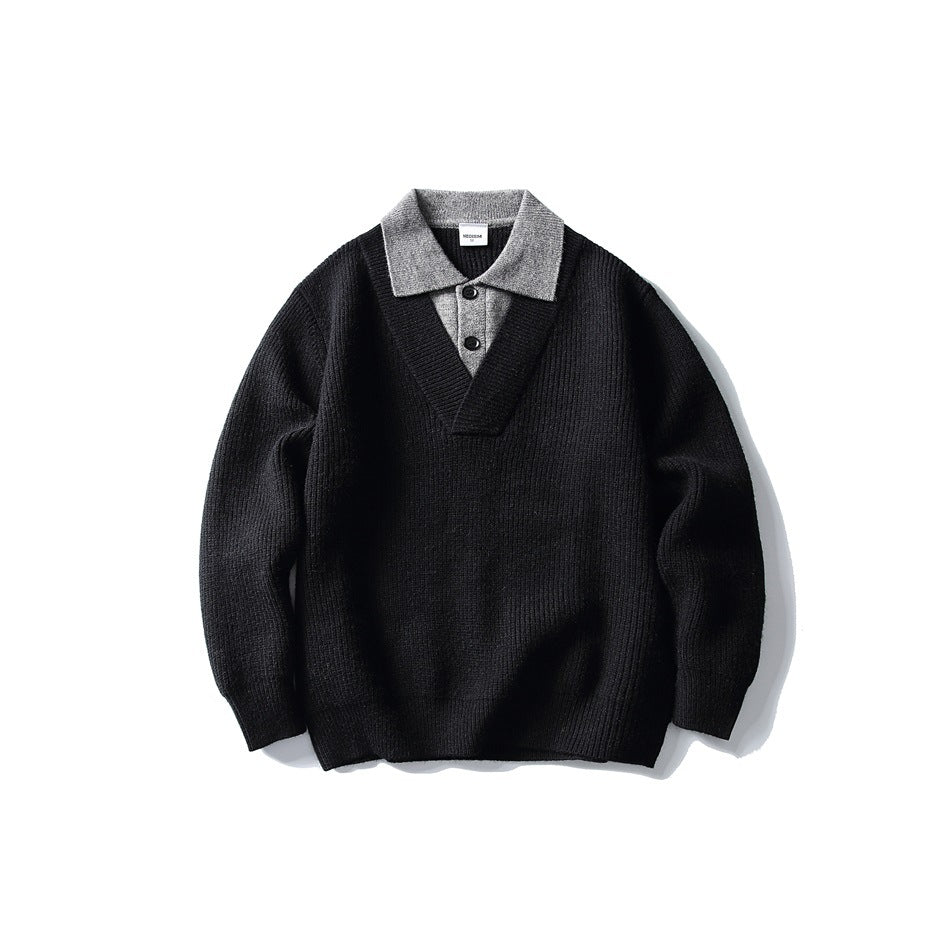 Black ribbed-knit V-neck sweater with gray polo-style collar and two buttons, flat lay front view