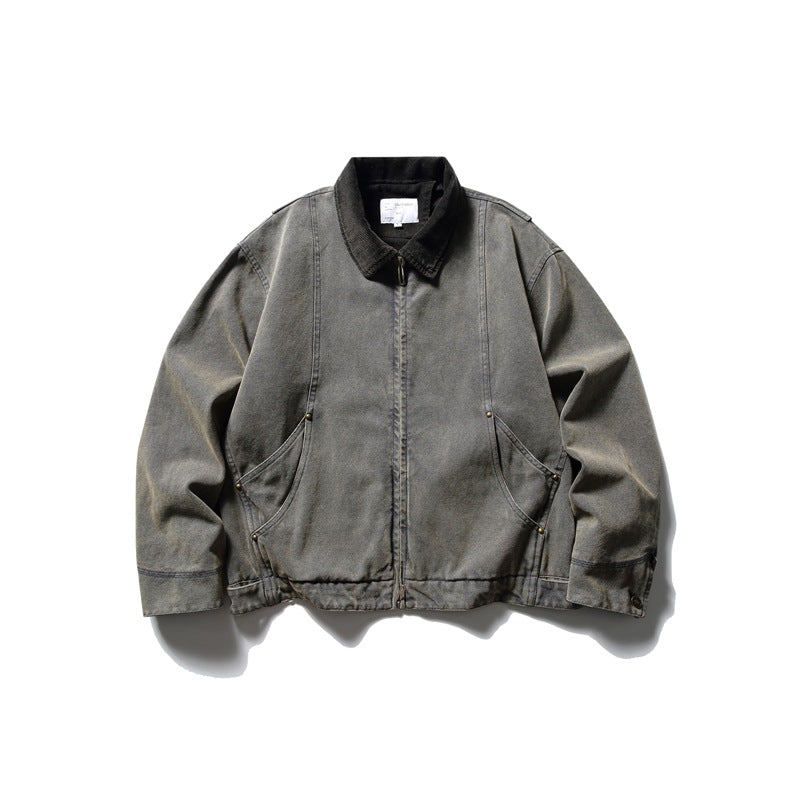 Washed olive-gray zip jacket with dark collar, front view flat lay, curved rivet-accented pocket seams