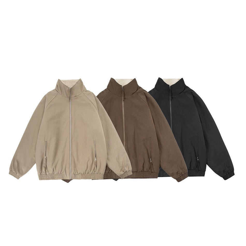 Three front-view jackets with high collars and front zippers in beige, brown, and black.