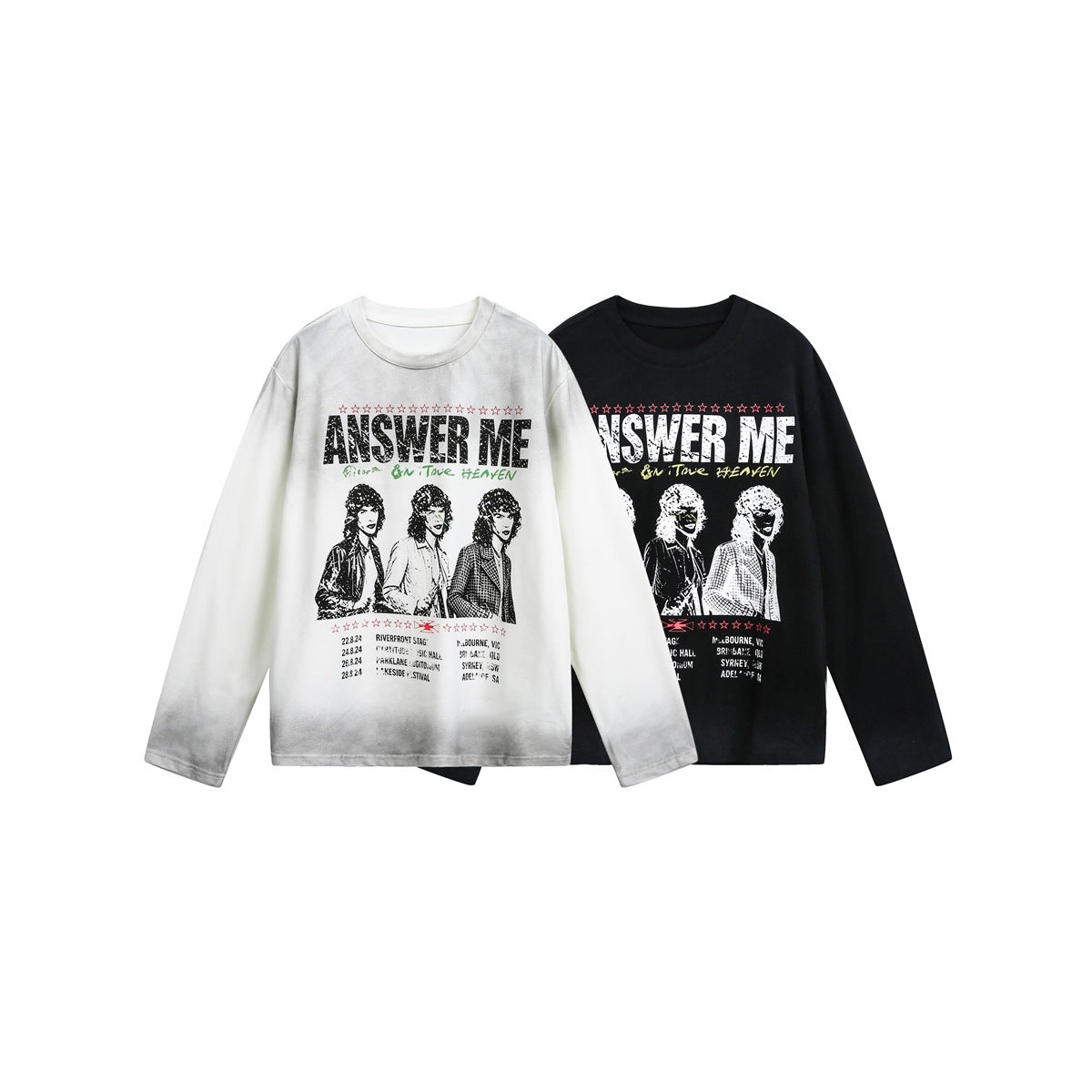 White and black long-sleeve crew-neck shirts shown from the front, both printed with band portraits, stars, and English