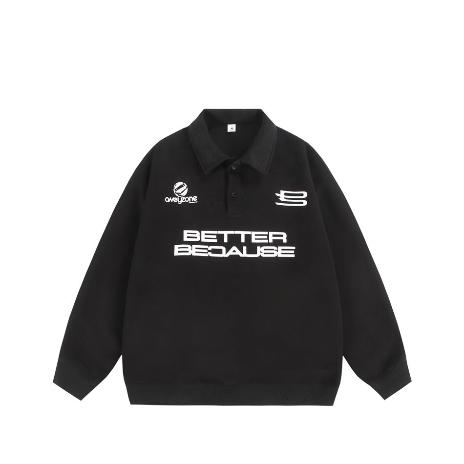 Black polo-collar sweatshirt with white 'BETTER BECAUSE' print, two-button placket and ribbed cuffs and hem, flat lay