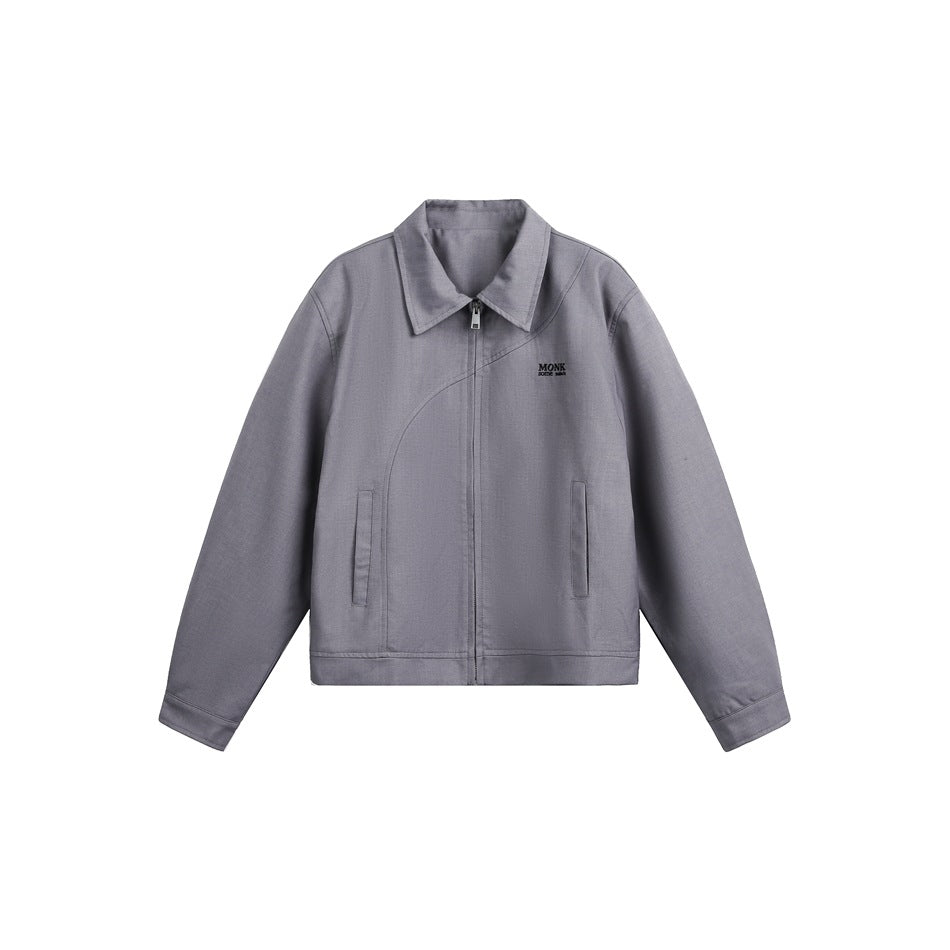 Gray cropped zip-front jacket with pointed collar, curved chest seam, welt pockets and button cuffs, flat view