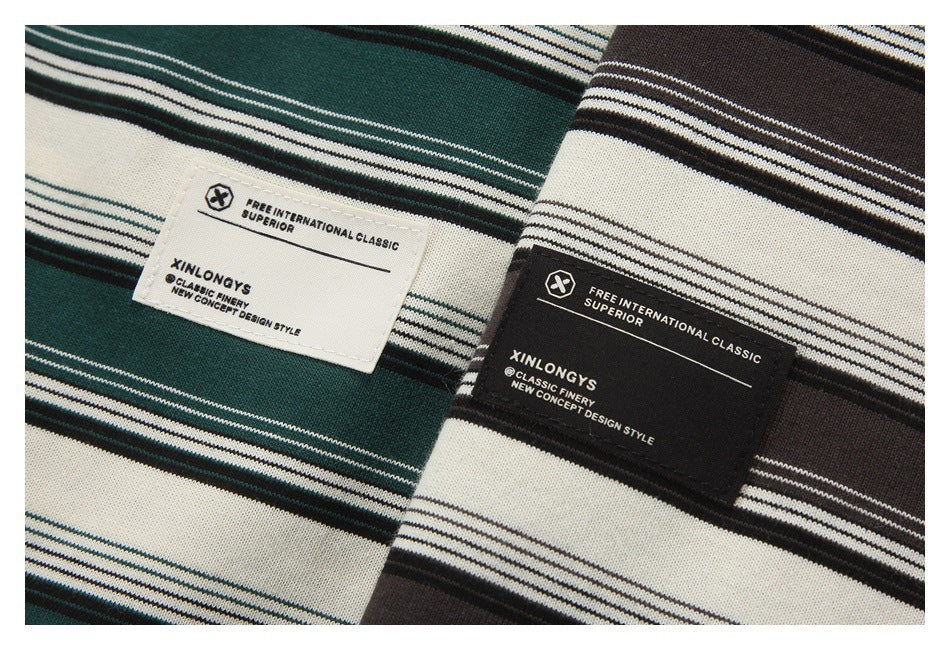 Green and dark brown striped knit colorways shown with sewn labels.