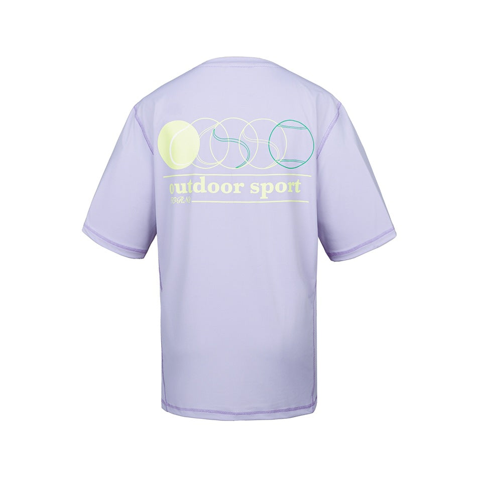 Light purple short-sleeve T-shirt back with tennis ball graphic, 'outdoor sport' text and matching topstitching