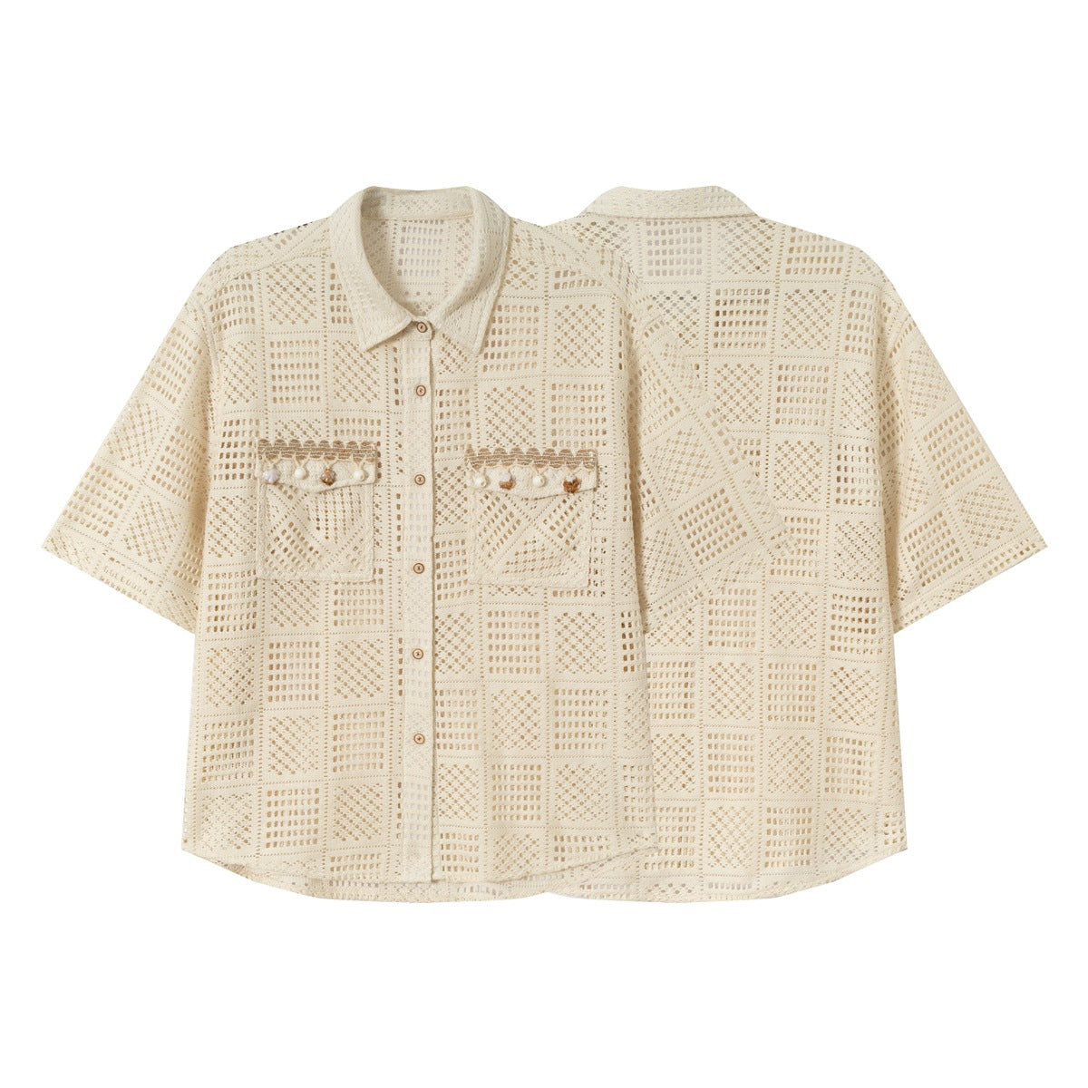 Front and back views of an ivory short-sleeve openwork button-up shirt with two decorative chest pockets.