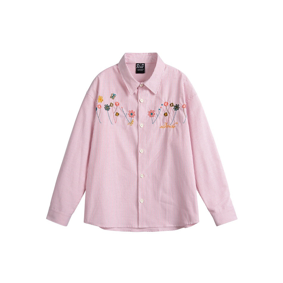 Pink striped button-up shirt with colorful embroidered flowers across the chest, flat lay front view