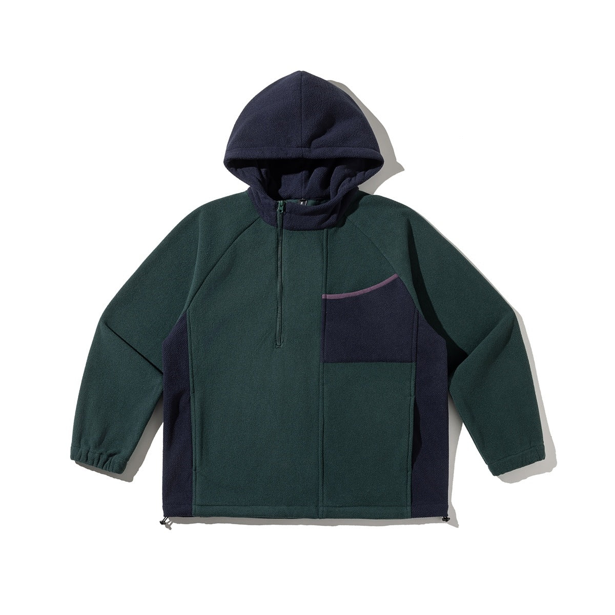 Dark green half-zip fleece-texture hooded pullover with navy hood, side panels and chest pocket, flat lay