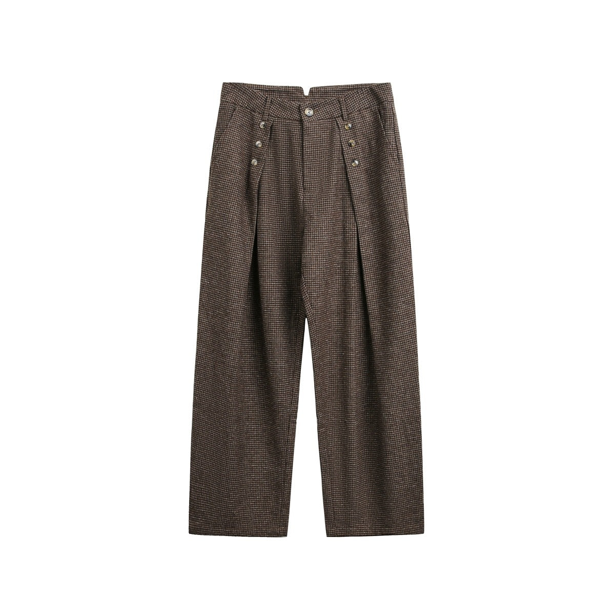 Brown micro-check wide-leg pleated trousers with decorative buttons at the waist, flat lay front view