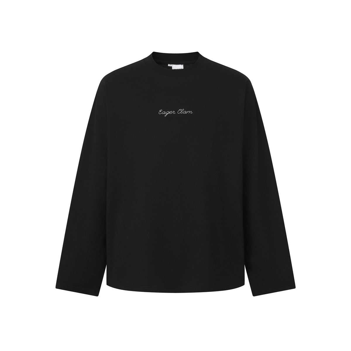 Black long-sleeve crew-neck T-shirt with small white cursive “Eager Clan” lettering on the chest.