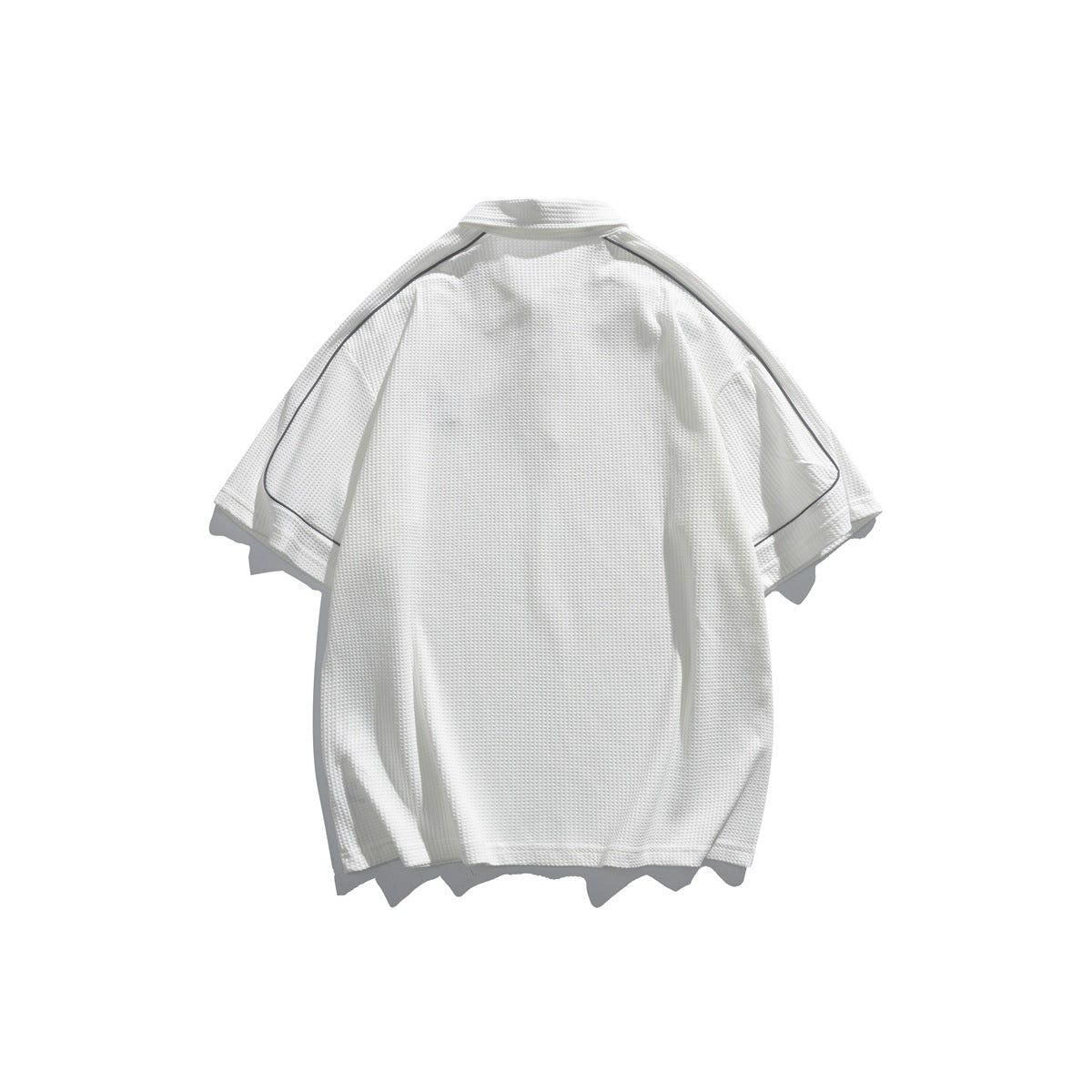 White waffle-textured short-sleeve polo shirt with contrast sleeve piping, back view