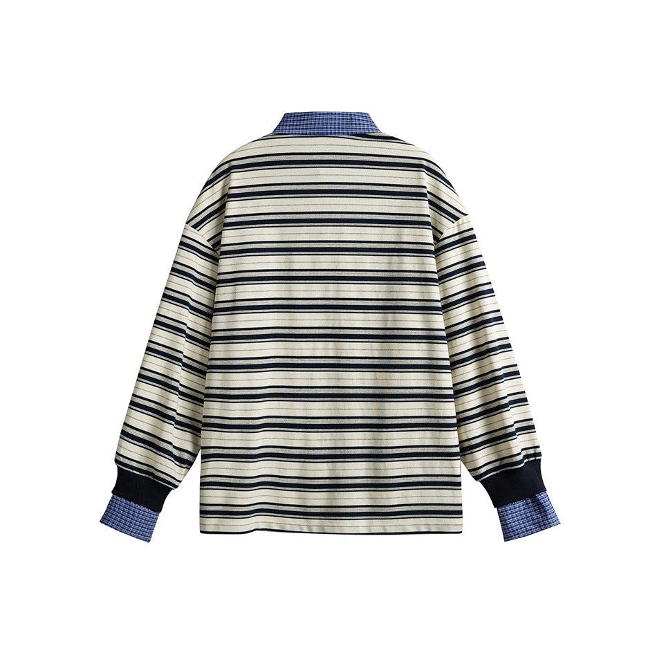 Back view of a cream long-sleeve shirt with navy stripes, a blue checked collar, and blue checked cuff accents.