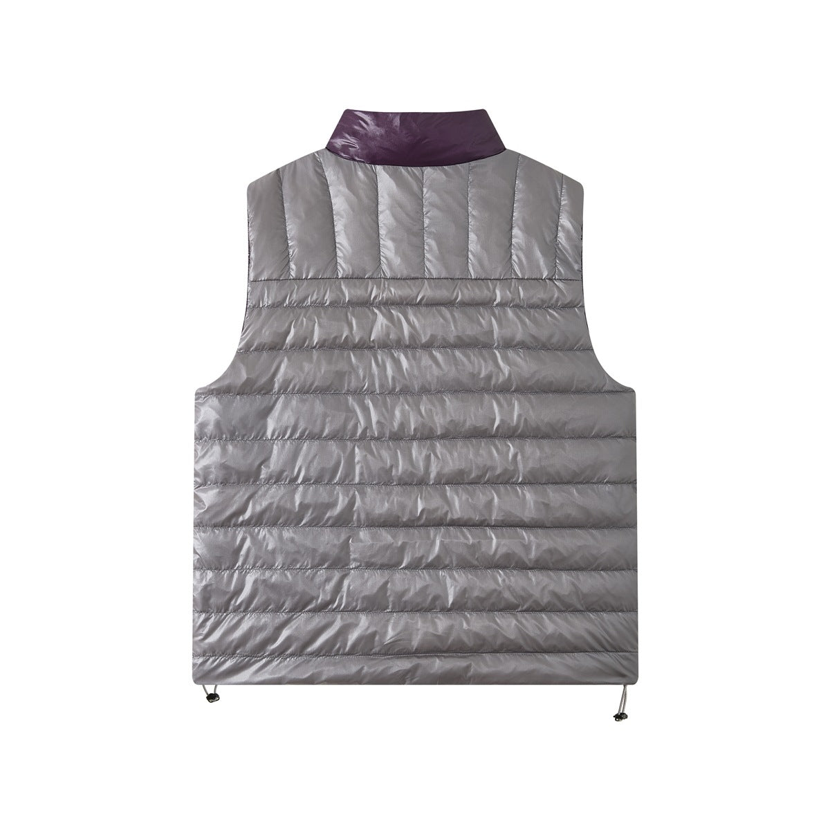 Back view of gray quilted puffer vest with purple collar and hem drawcord toggles on white background