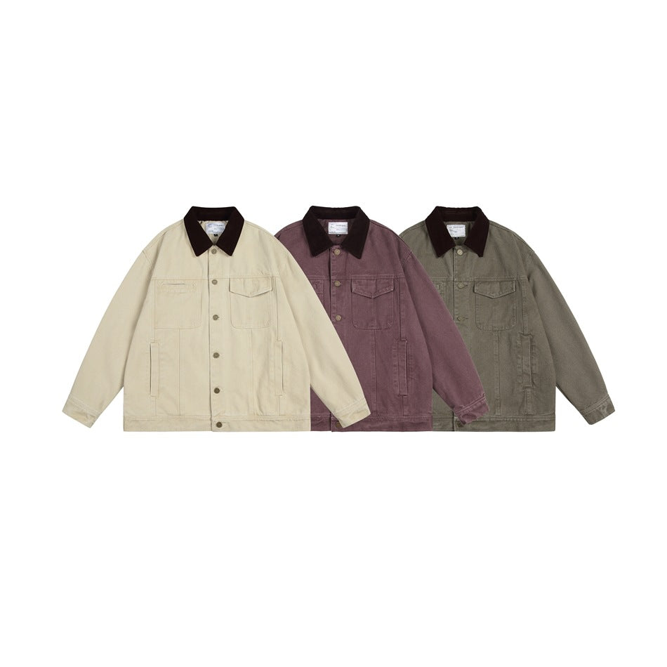 Three front-facing jackets in beige, muted mauve, and olive, each with a dark brown collar and multiple pockets.