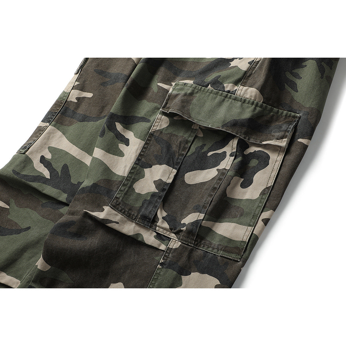 Close-up of a large flap cargo pocket on olive, tan, and black camouflage pants.