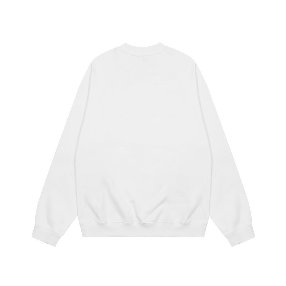 Back view of a plain white crewneck sweatshirt with long raglan sleeves, ribbed cuffs, and a ribbed hem.
