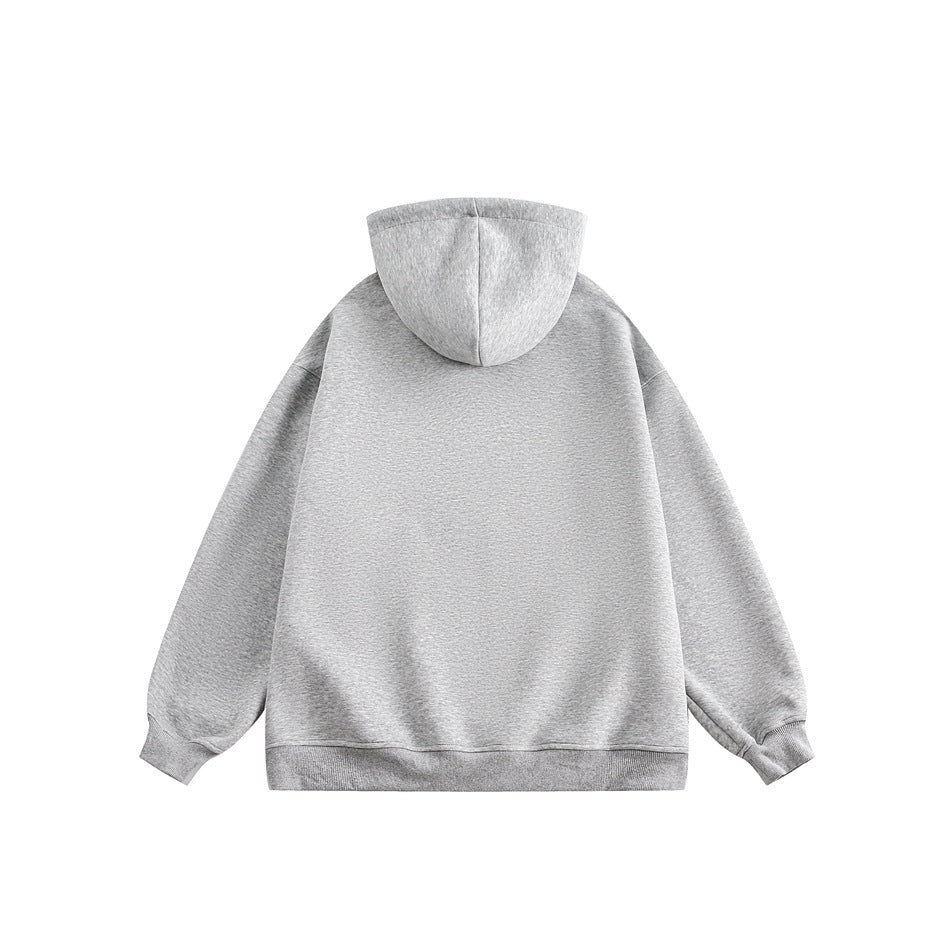 Back view of a light gray hoodie with a plain back, hood, ribbed cuffs, and ribbed hem.