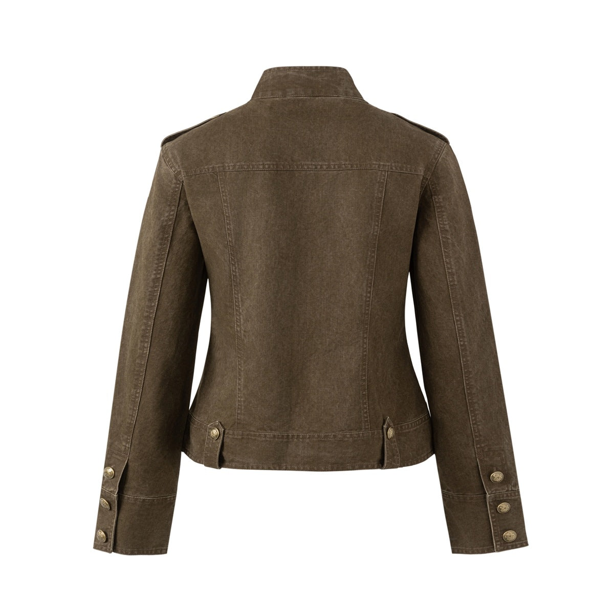 Back view of a dark olive-brown jacket with a high collar, shaped seams, and buttoned sleeve cuffs.