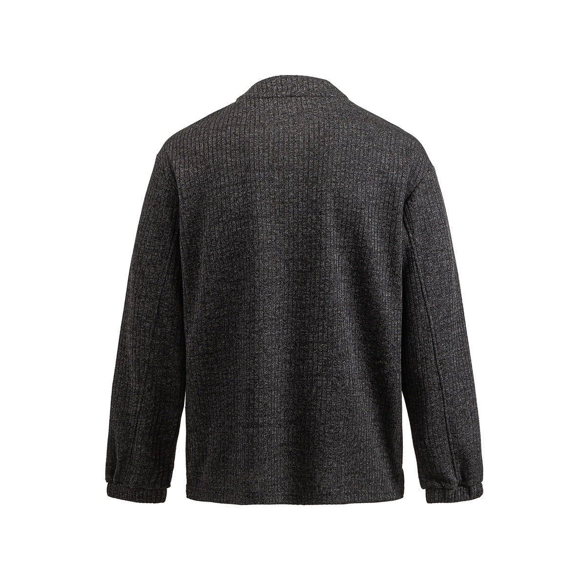 Back view of dark charcoal ribbed knit pullover with drop shoulders and ribbed cuffs