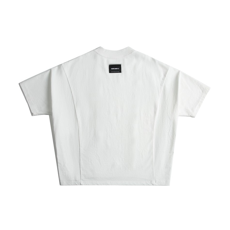 White short-sleeve T-shirt back view with curved panel seams, high ribbed neck and small black label
