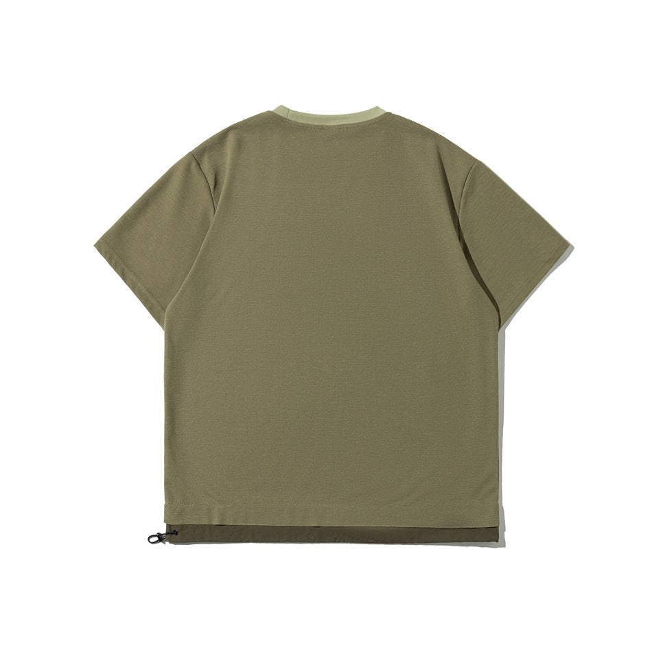 Back view of khaki green short-sleeve T-shirt with light green collar and darker olive layered hem with toggle