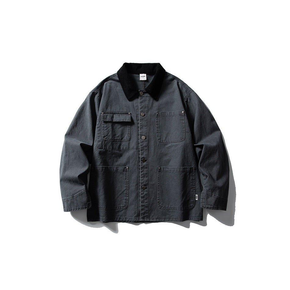 Gray chore jacket with black corduroy collar, snap buttons and four front pockets, flat lay front view