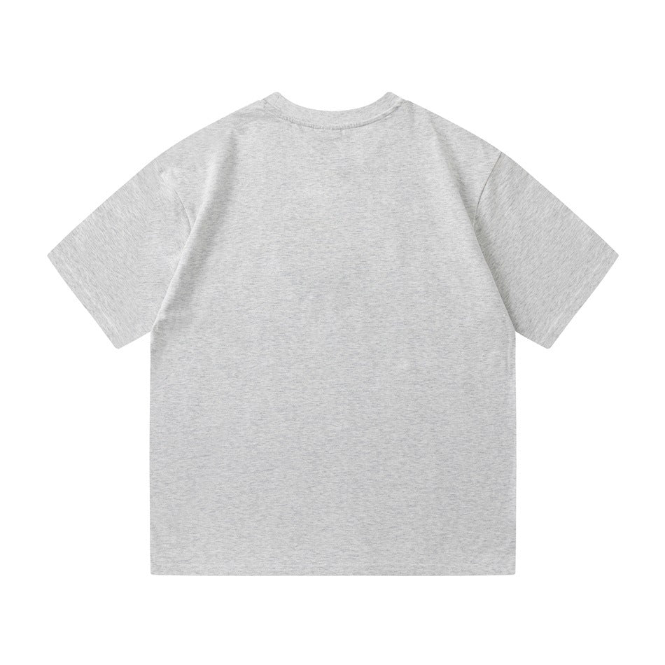 Plain heather gray short-sleeve T-shirt shown from the back.