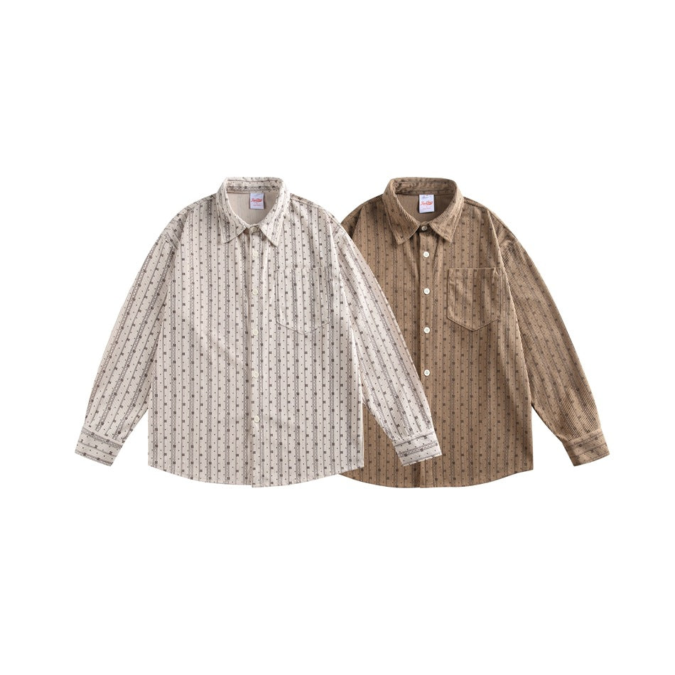 Two flat-lay button-up shirts with chest pockets and fine vertical patterns, one cream and one brown.