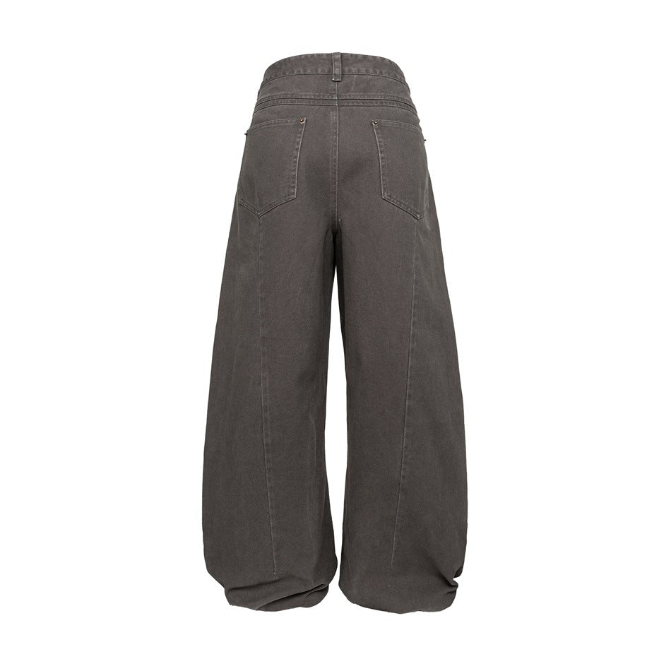 Back view of charcoal wide-leg trousers with two rear pockets and long, roomy legs.