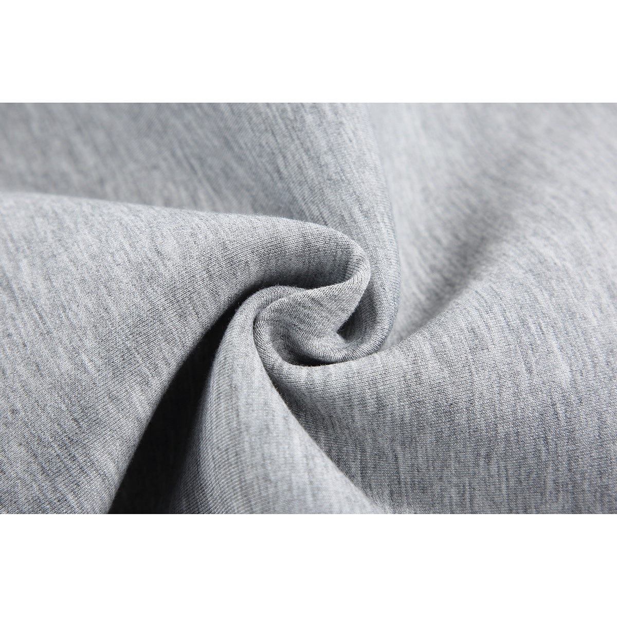 Close-up of heather-gray fabric gathered into a soft fold.
