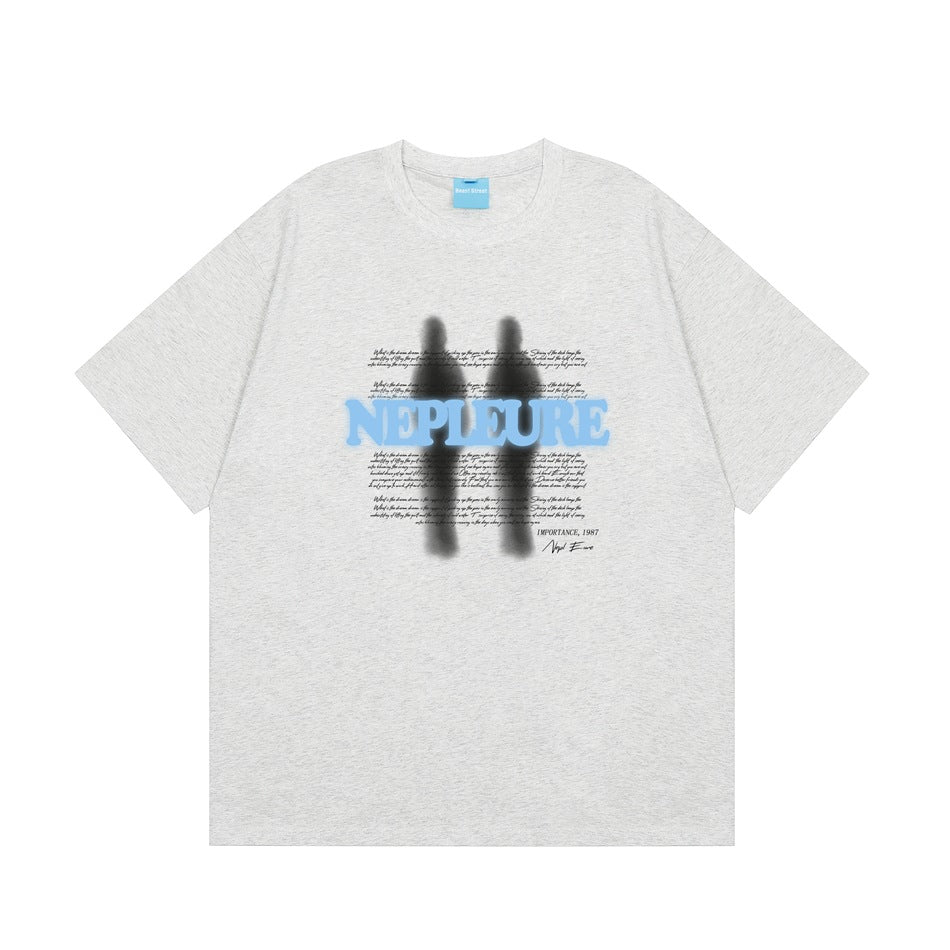 Light heather gray short-sleeve T-shirt with blue NEPLEURE print, blurred dark figures and script text, flat front view
