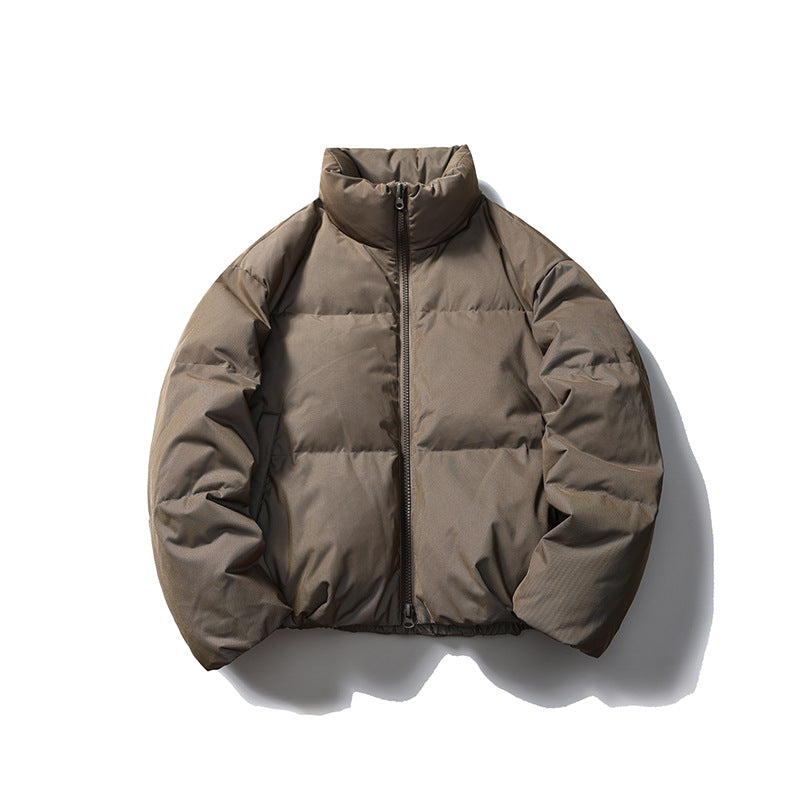 Brown khaki puffer jacket with stand collar and front zipper, flat lay front view on a white background