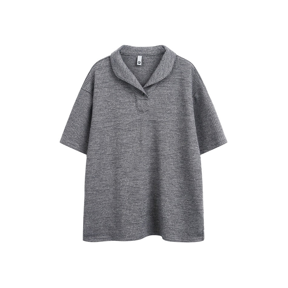 Gray waffle-knit short-sleeve polo top with shawl collar and single button, flat front view