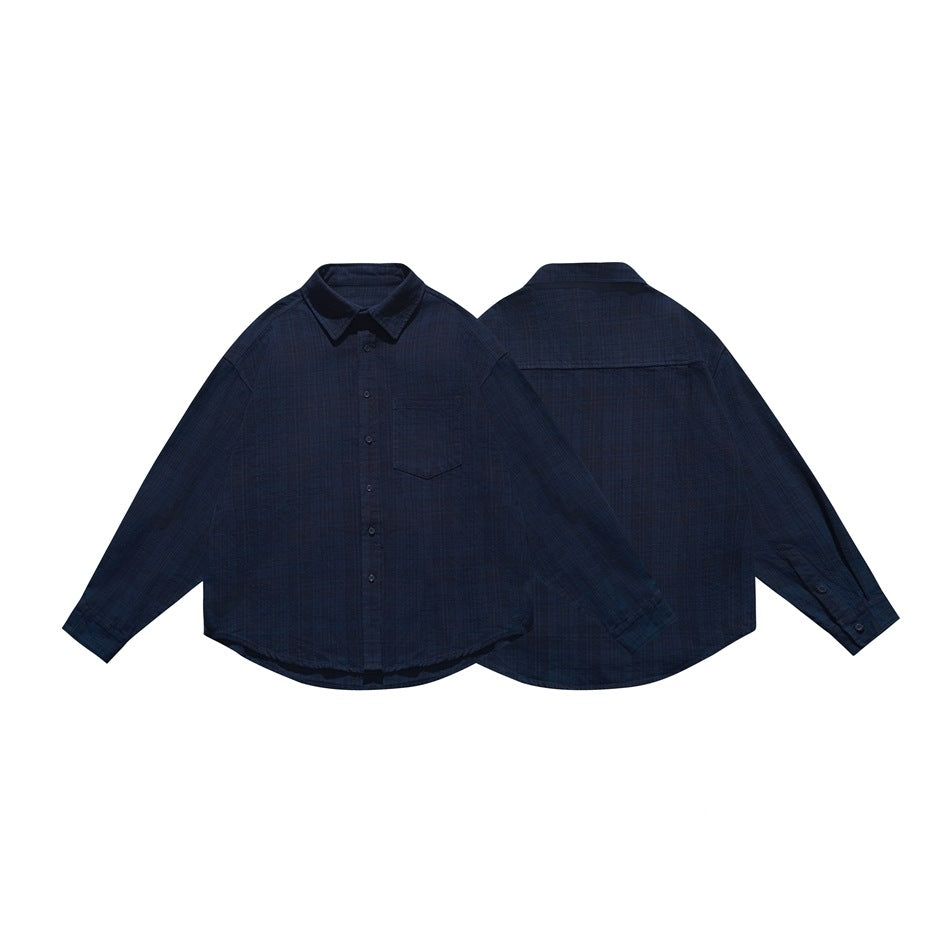 Dark navy long-sleeve button-up shirt shown from the front and back, with a collar and chest pocket.